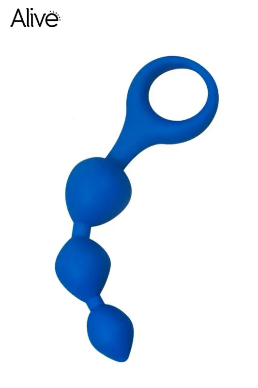 Perles anales en silicone bleu avec boucle de doigt.