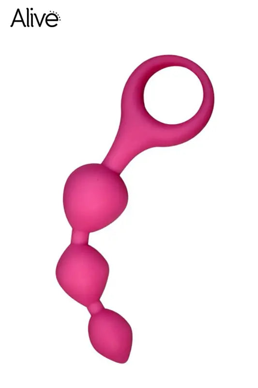 Perles anales en silicone rose avec boucle de doigt.