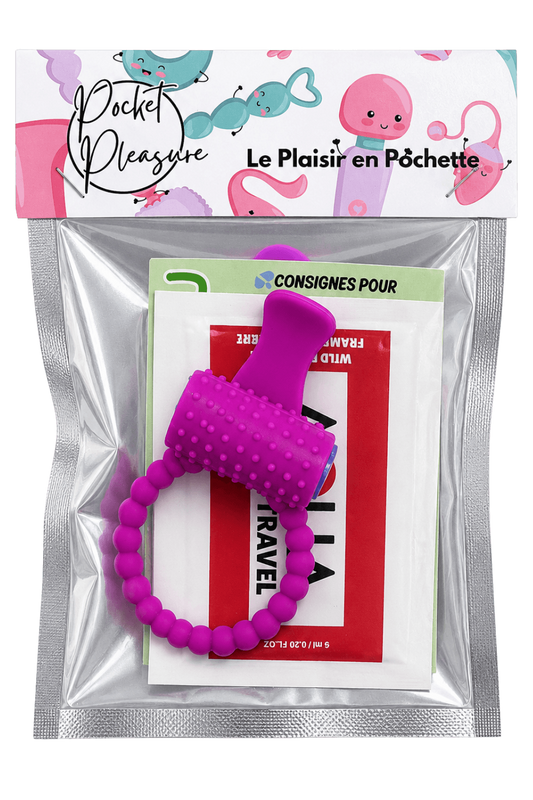 Anneau violet vibrant silicone avec langue picot dosette de lubrifiant