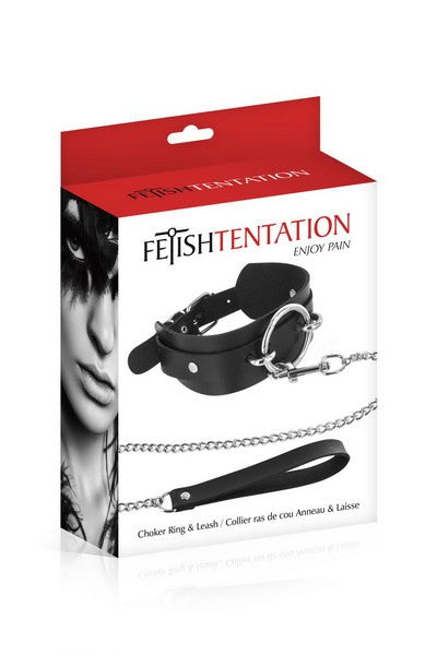 Collier noir anneau et laisse Fétish Tentation microfibre