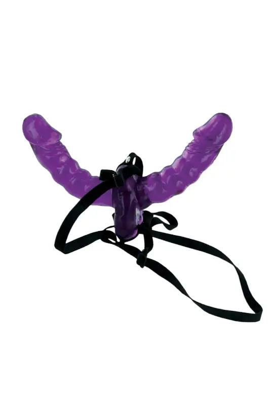 Gode violet à double extrémité vibrant avec harnais noir sur LollyDoll