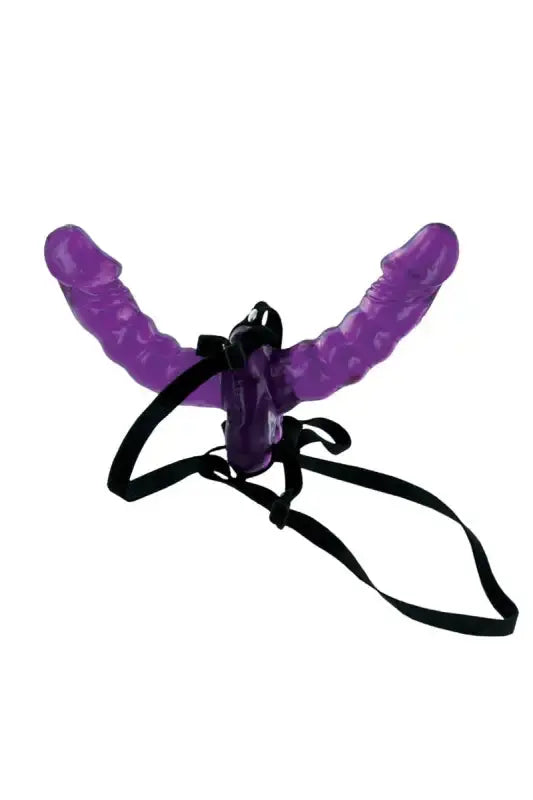 Gode violet à double extrémité avec harnais noir sur LollyDoll Double Gode ceinture Delight Strap-on