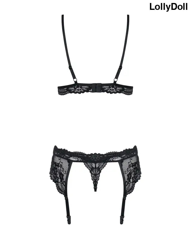 Ensemble sexy à jarretelles en dentelle noire 3 pièces. LollyDoll vous invite à découvrir cet ensemble lingerie irrésistible.