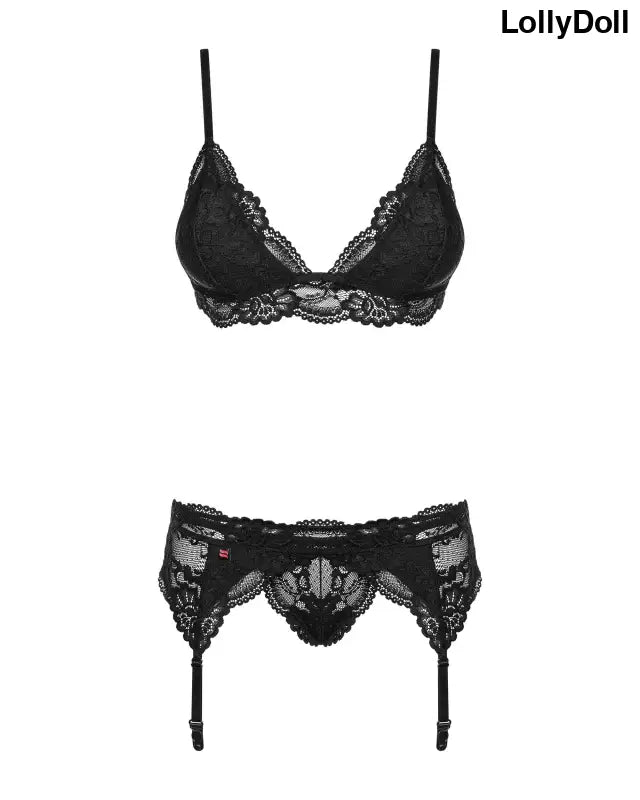 Ensemble sexy à jarretelles en dentelle noire 3 pièces. LollyDoll vous invite à découvrir cet ensemble lingerie irrésistible.