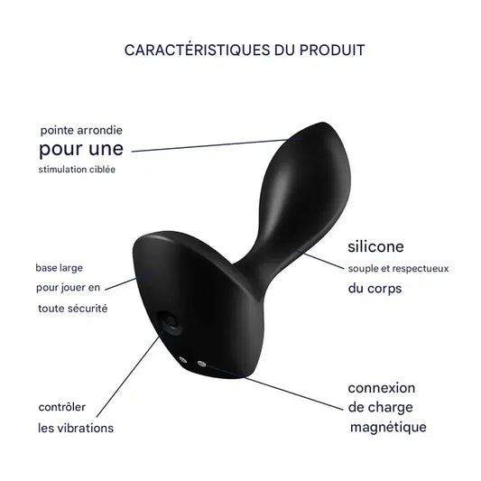 Vibrateur en silicone noir avec chargement magnétique.