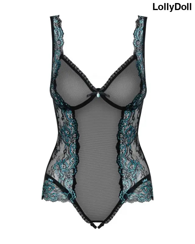 Amanta body ouvert noir et turquoise, body ouvert sexy avec guêpière transparente. Sensuel et disponible chez LollyDoll