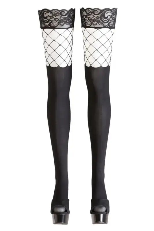 Bas autofixants opaques noir Cotelli Legwear avec dentelle et motif en filet, parfaits pour un look sexy.
