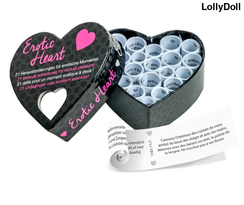 Découvrez le jeu coquin Erotic Heart pour des moments complices et sensuels à partager. Laissez-vous séduire par ce jeu excitant qui promet des instants intenses en couple. Disponible chez LollyDoll pour pimenter vos soirées en toute complicité.