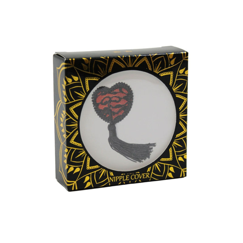 Cache tétons cœur dentelle noire pompom dans son emballage d'origine