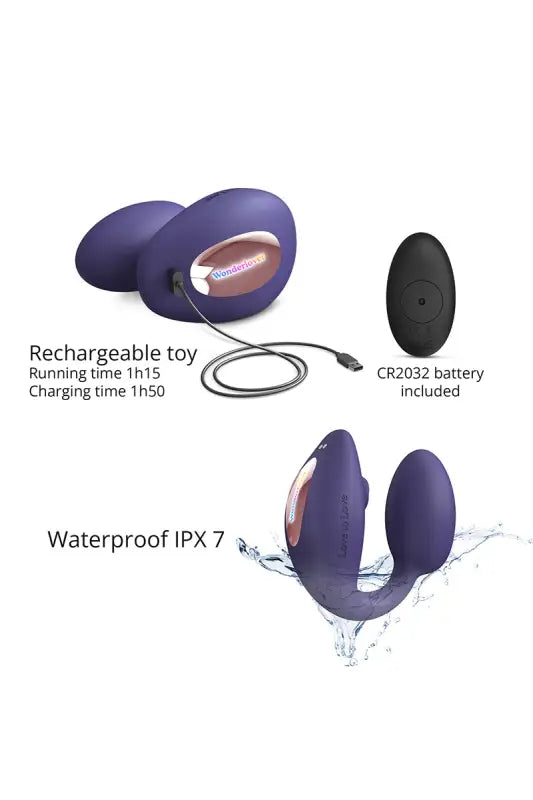 Jouet sexuel violet rechargeable et étanche avec télécommande.