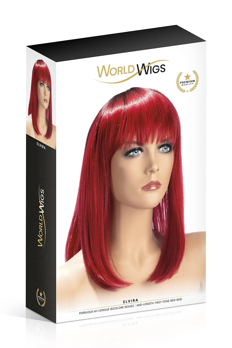 Perruque rouge carré dégradé Elvira World Wigs — vue de dos, longueur et structure du carré dégradé
Son emballage