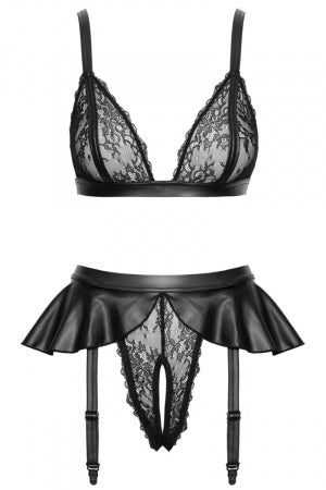 Soutien-gorge et slip fendu à jarretelles noir Cottelli LINGERIE