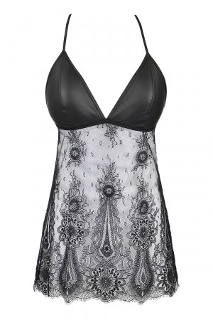 Nuisette dentelle et wetlook noire V-9789