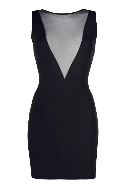 Mini robe noire sans manches avec encolure en V transparente.