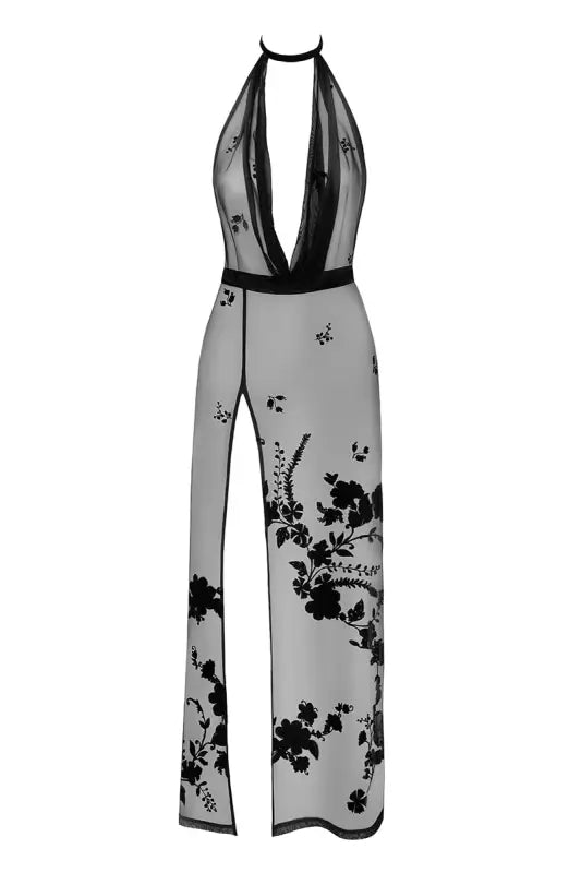 Combinaison dos nu à fleurs noires transparentes.