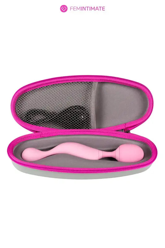 Vibrateur rose dans un étui rose et gris.