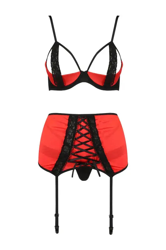 Ensemble de lingerie rouge et noir porte jarretelle et soutien-gorge , tétons cachés par un magnifique ruban en dentelle dispo chez LollyDoll