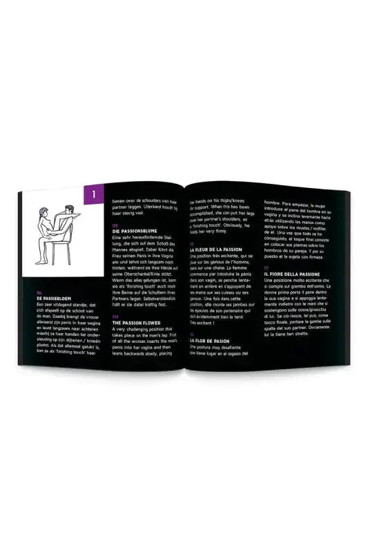 Livre ouvert avec des diagrammes et du texte du jeu Sex roulette pour couple