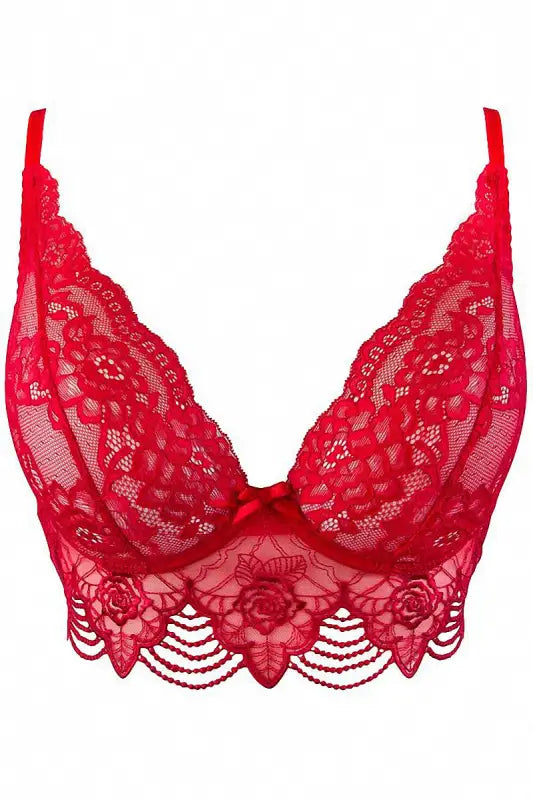 Soutien-gorge en dentelle rouge avec détails floraux.