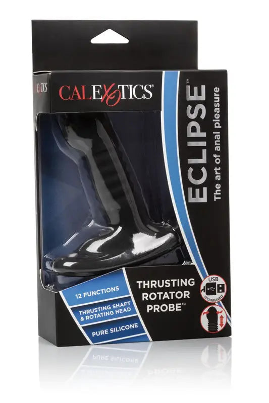 Stimulateur de prostate rotatif de poussée noir dans son emballage.