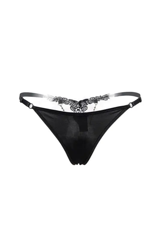 String en satin noir avec détails en dentelle.