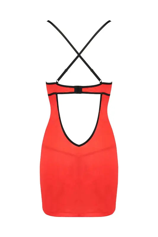 Mini robe rouge avec bordures noires et bretelles croisées.