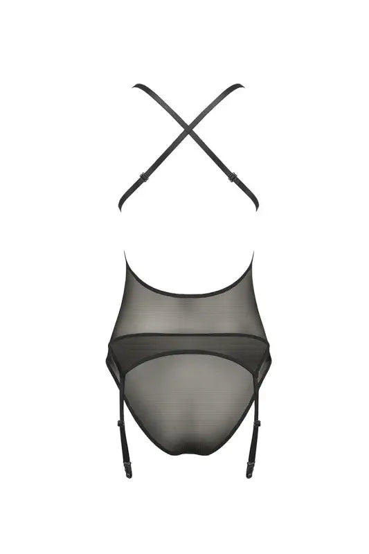 Body en maille noire avec bretelles croisées et porte-jarretelles.