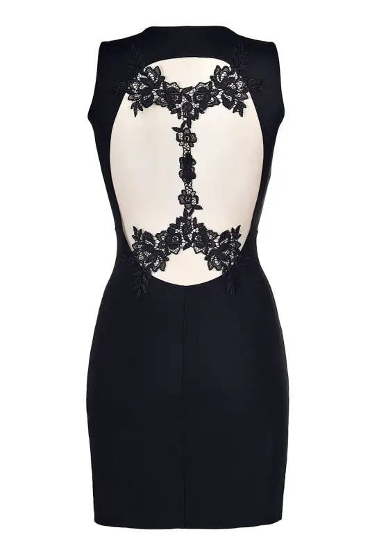 Robe noire sans manches avec détails en dentelle dans le dos.