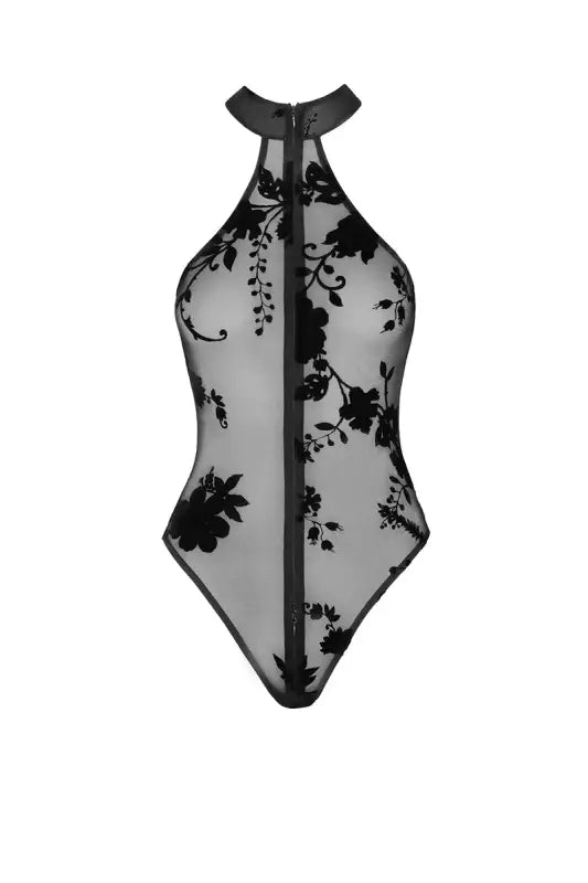 Body zippe ego f314 tulle floqué, en dentelle noire transparente et sexy lingerie. Disponible disponible chez LollyDoll