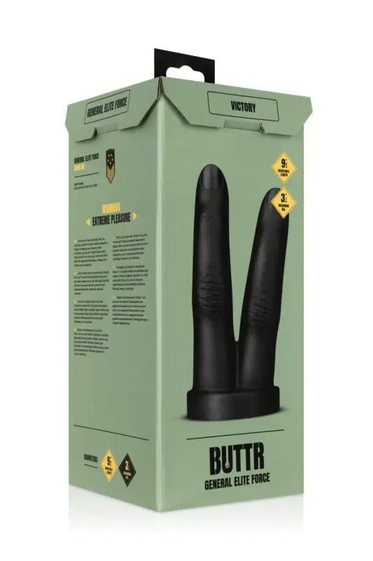 Boîte vert olive contenant un gode noir à double extrémité dispo sur LollyDoll