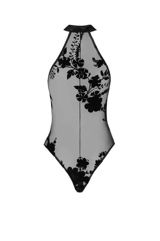 Body zippé Ego F314 en tulle floqué noir, un mélange de sensualité et d'élégance. Un body en disponible chez LollyDoll