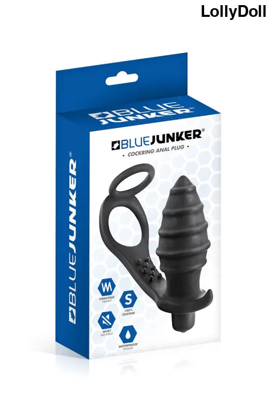 Cockring noir combiné à un plug anal vibrant de Blue Junker dans son emballage disponible sur LollyDoll