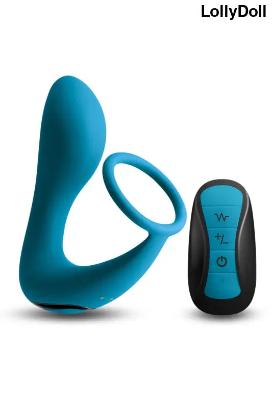 Cockring et plug vibrant combiné bleu avec télécommande.