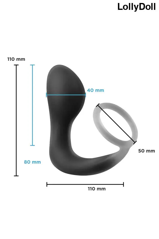 Masseur de prostate en silicone noir avec anneau pénien et dimensions exactes du produit: 110mm de hauteur, 80mm insérable, 40mm diamètre du plug, 110mm de largeur, 50mm diamètre du cockring