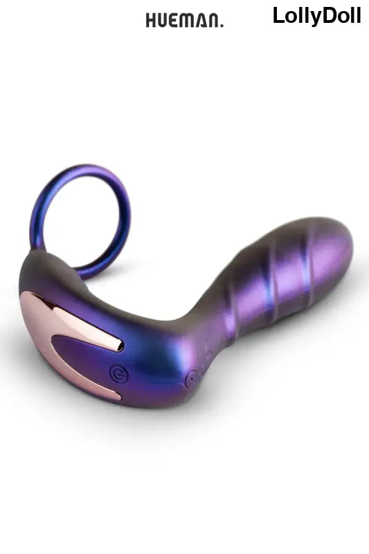 Masseur de prostate et cockring combiné rechargeable violet avec télécommande de la marque Hueman chez LollyDoll