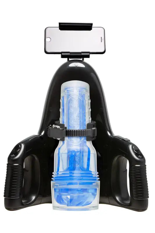 Appareil masturbatoire noir avec support de téléphone.