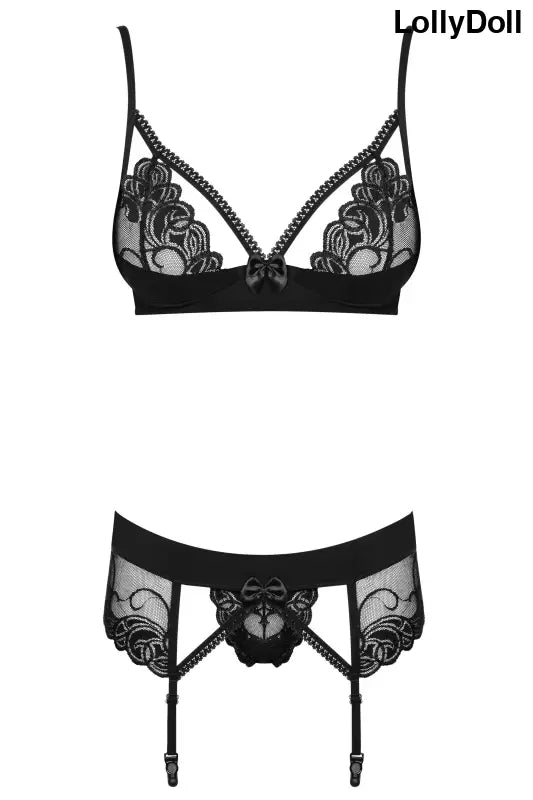 Ensemble de lingerie Wonderia en 3 pièces de couleur noir. Parfait pour une touche de séduction avec sa dentelle brodée. Disponible chez LollyDoll.