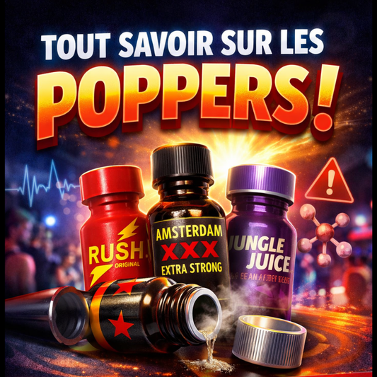 Image publicitaire colorée pour un blog sur le poppers, avec des flacons de poppers emblématiques au centre, des effets lumineux intenses, une typographie massive rouge et jaune, et le slogan « Tout savoir sur les poppers – le blog #1 ».