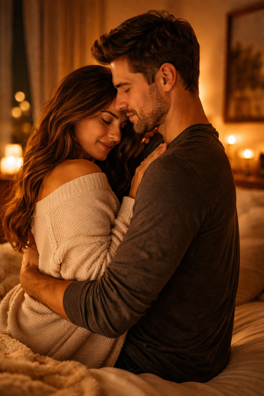 Couple qui s'enlace tendrement dans une chambre tamisée aux bougies — refaire l'amour après une longue période d'abstinence LollyDoll