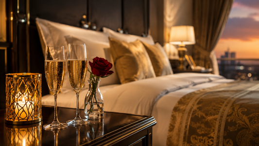 Chambre romantique au crépuscule avec deux coupes de champagne, une rose rouge et une bougie dorée