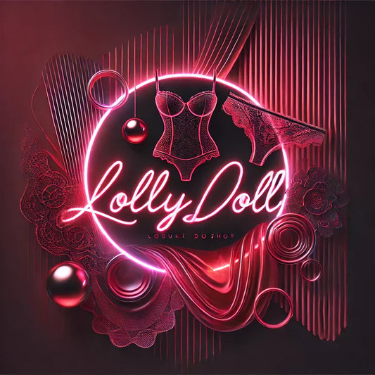 Logo LollyDoll, sur fond rose avec de la jolie lingerie en dentelle et sextoys car chez LollyDoll, les orgasmes on en raffole!!!