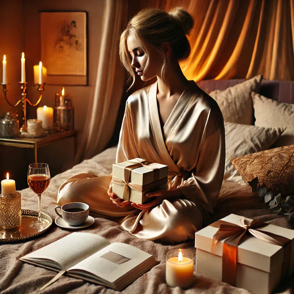 femme assise sur son lit tenant un paquet cadeaux de chez lollydoll en sirotant un café