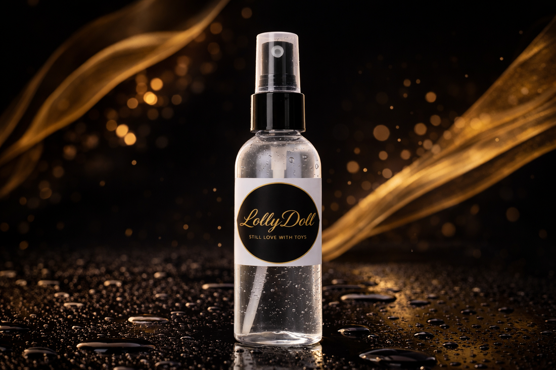 Spray nettoyant sextoys LollyDoll sur fond noir et or — guide entretien et nettoyage sextoys