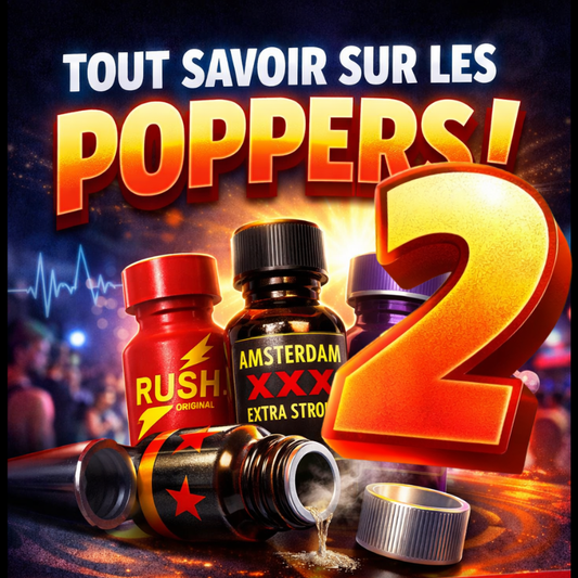 Visuel promotionnel dynamique sur le thème du poppers montrant plusieurs bouteilles de marques connues, une ambiance électrique et nocturne, des couleurs rouge, orange et violet, et un texte accrocheur mettant en avant le blog numéro 2 sur les poppers.