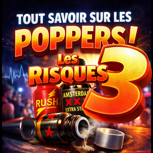 Illustration marketing pour un blog spécialisé dans le poppers, avec des flacons ouverts au premier plan, des effets de lumière et de fumée, une typographie épaisse et contrastée, « Tout savoir sur les poppers – le blog #3, les risques».