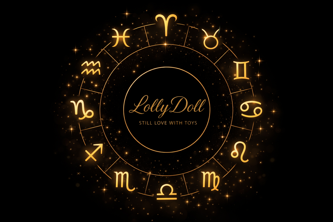 Roue astrologique dorée sur fond noir avec les 12 signes du zodiaque et le logo LollyDoll - sextoy selon votre signe astro
