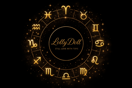 Roue astrologique dorée sur fond noir avec les 12 signes du zodiaque et le logo LollyDoll - sextoy selon votre signe astro