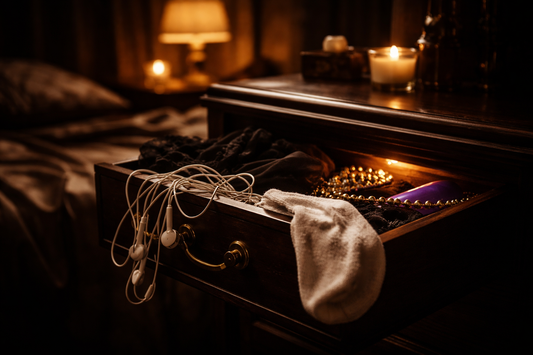 Tiroir de table de nuit en désordre avec écouteurs emmêlés, chaussette orpheline et jouet intime oublié - LollyDoll
