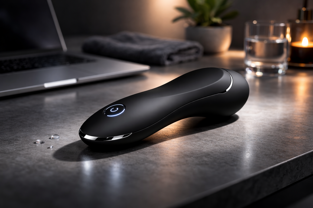 Masturbateur masculin design noir mat posé sur un bureau moderne, éclairage doux, ambiance bien-être premium et moment de détente personnelle