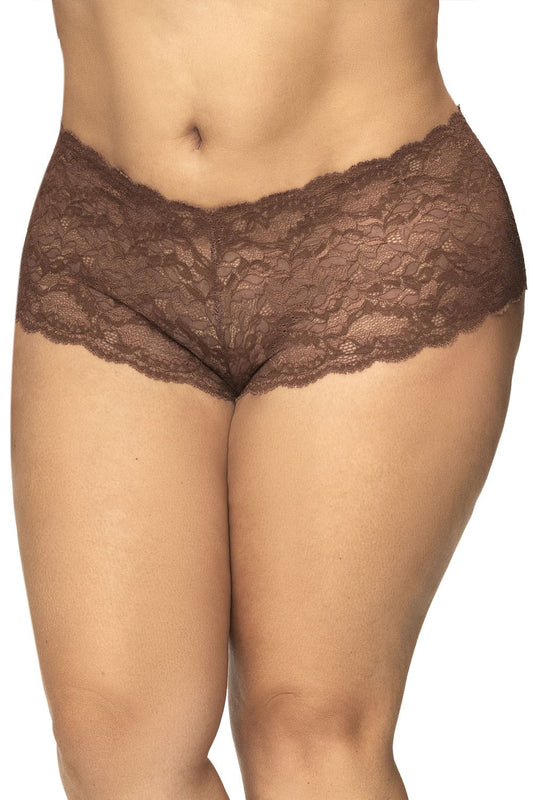Shorty grande taille en dentelle couleur cacao